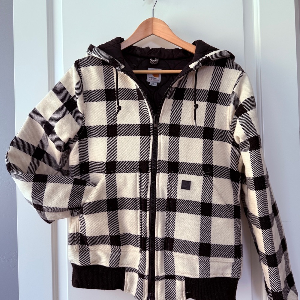 Carharrt for Women Black and White Plaid Lined Zipper Hoodie Jacket - size small